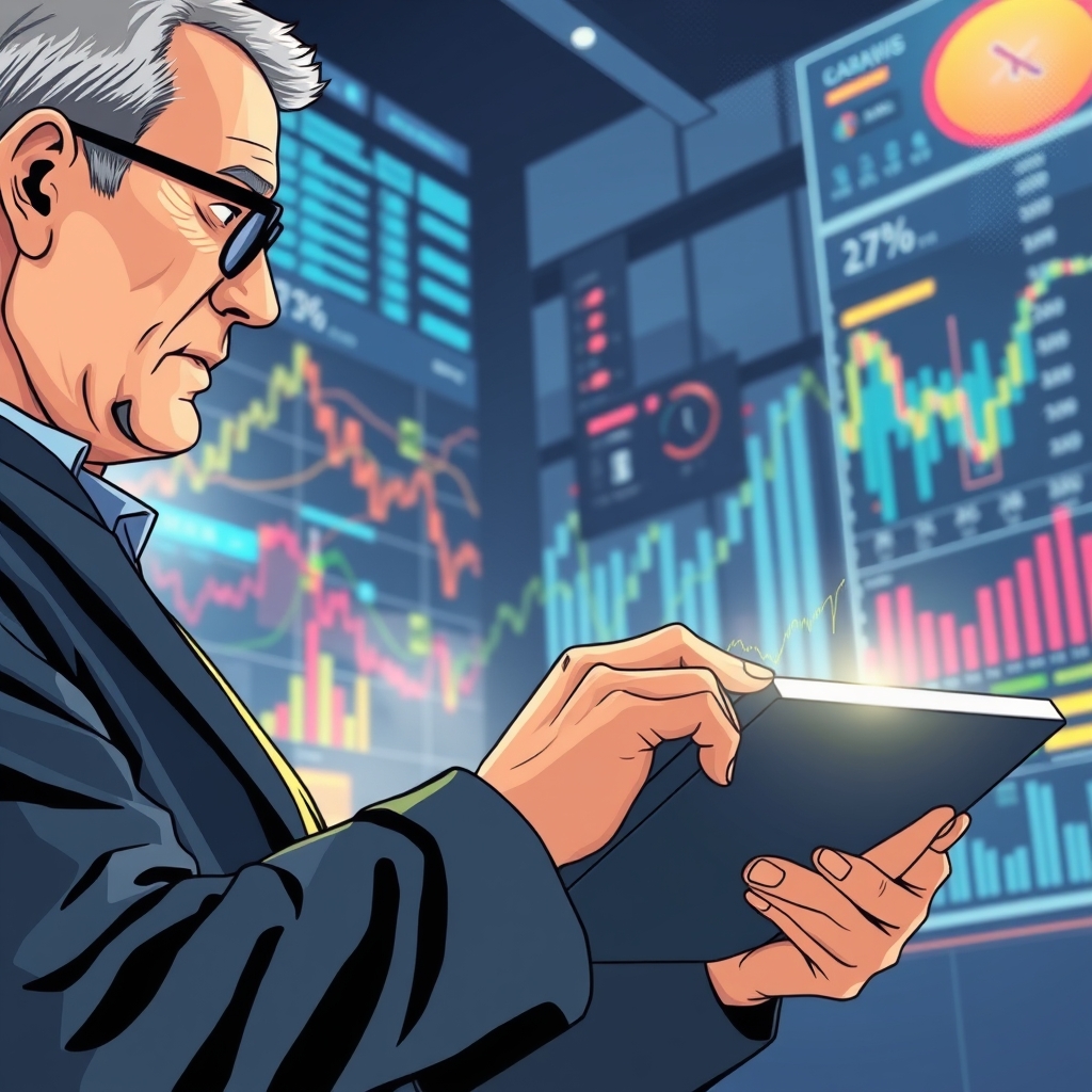 A financial analyst examining stock charts on a digital tablet, with a focus on Lululemon's performance metrics. The background features abstract representations of market trends and data analytics.