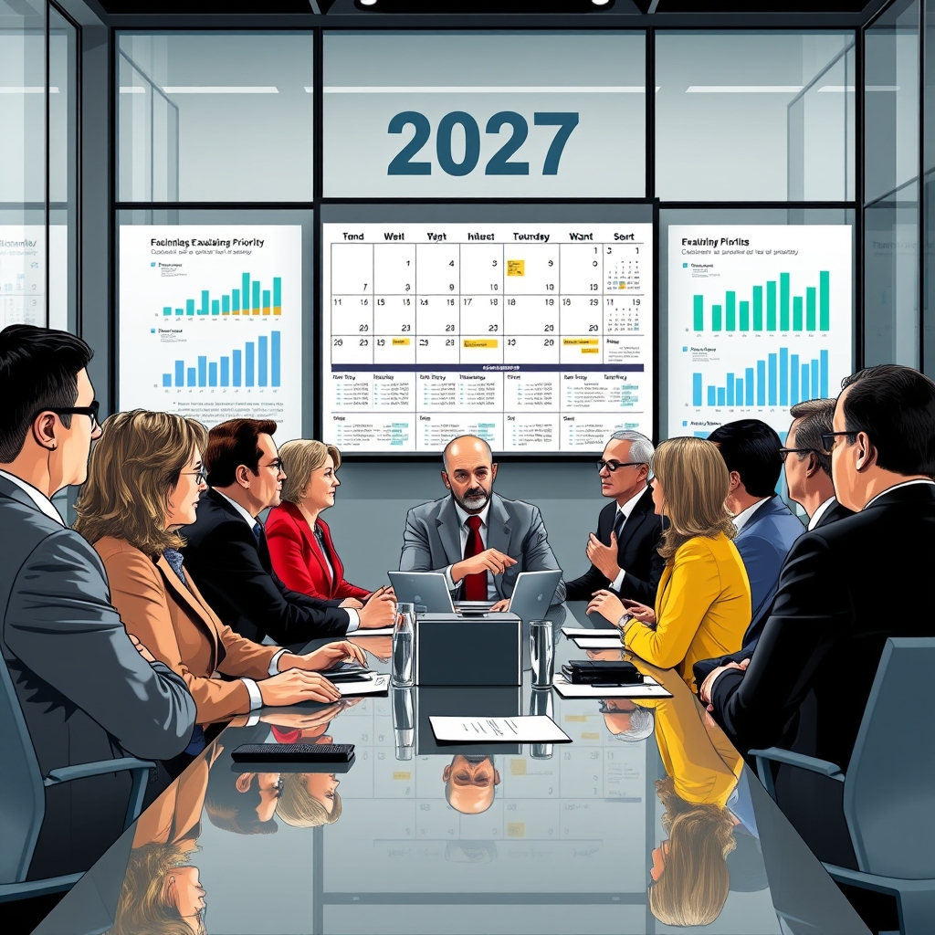An illustration depicting a diverse group of financial regulators discussing examination priorities, with a focus on a large calendar marked with the year 2027. The setting is a modern conference room with charts and graphs on the walls, symbolizing financial oversight and regulatory frameworks.