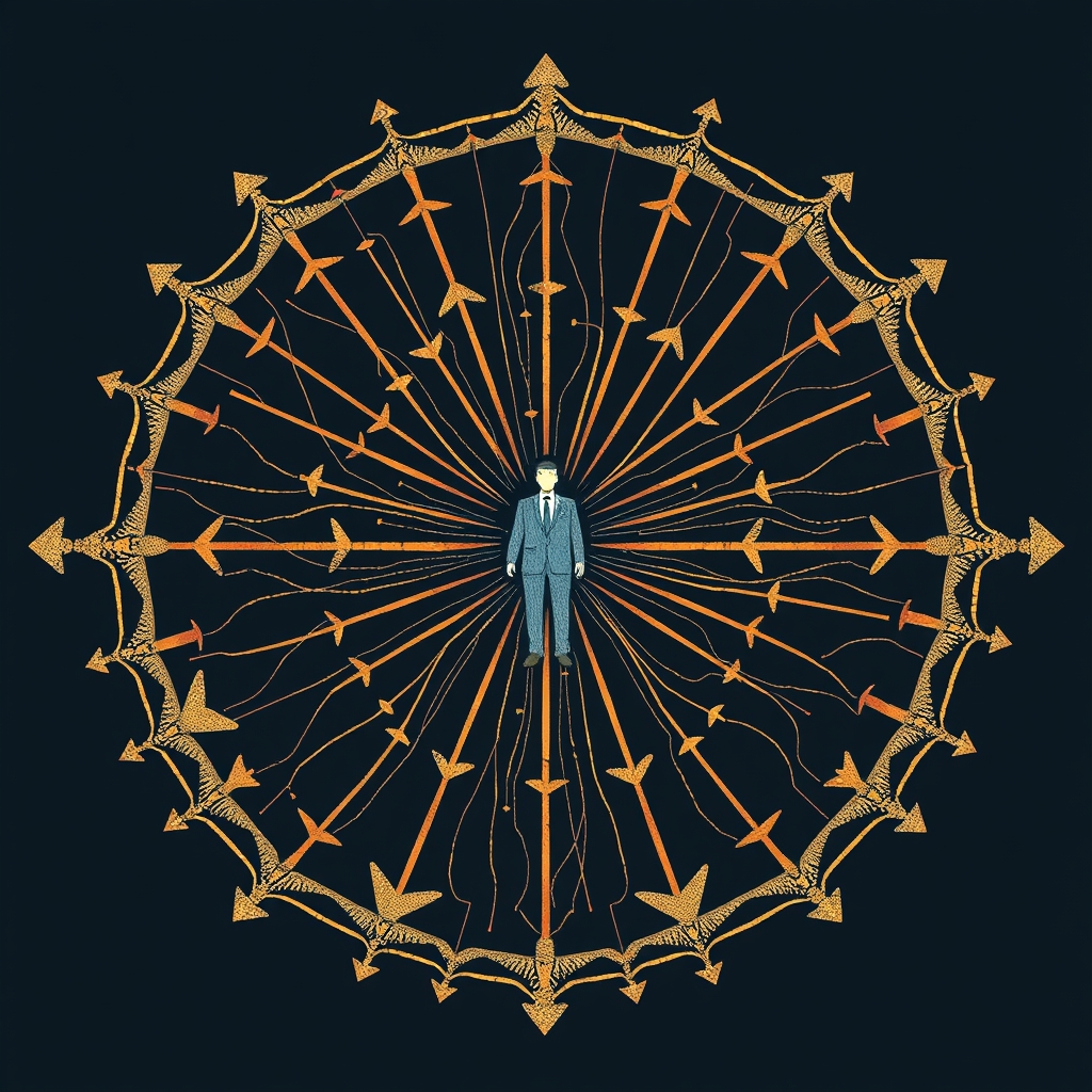 A diagram illustrating a conflict of interest in a financial advisory setting, with a central figure representing the investment adviser and multiple lines or arrows indicating potential biases or influences.