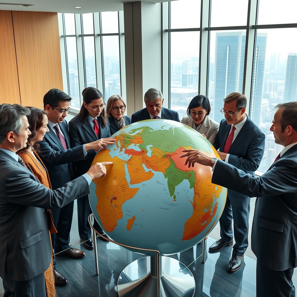 An illustration depicting a diverse group of financial regulators from various countries collaborating around a large globe, symbolizing global cooperation in raising fraud awareness during World Investor Week.