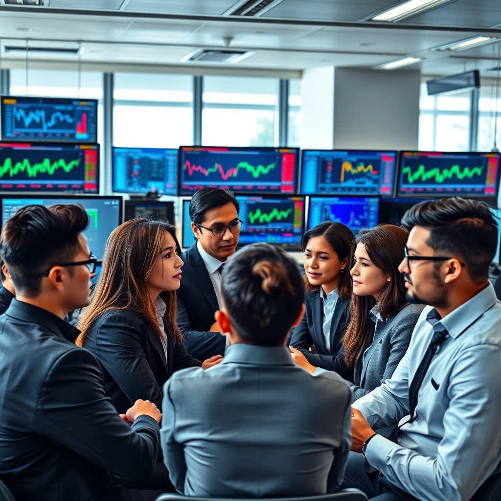An illustration depicting a diverse group of financial professionals discussing securities trading strategies in a modern office setting, with charts and graphs displayed on screens in the background.